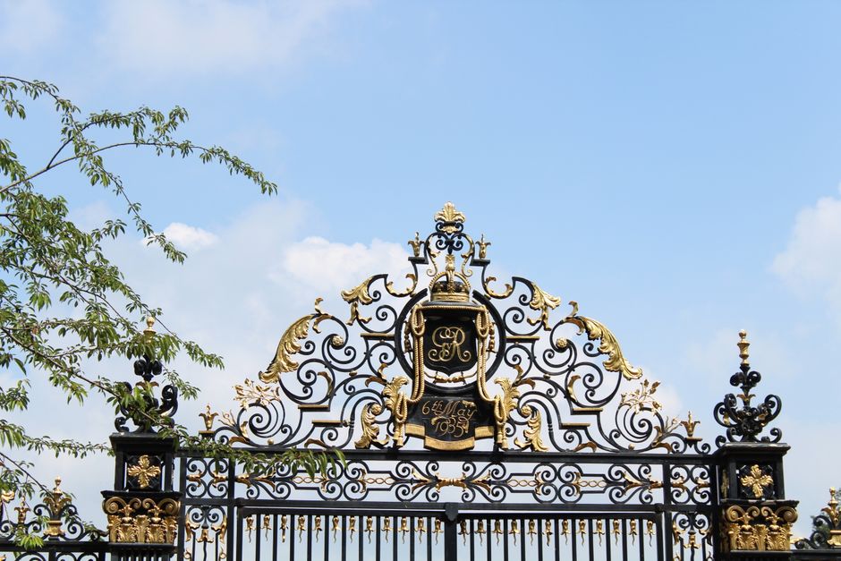 Wrought iron gate with gold accents under a clear blue sky.