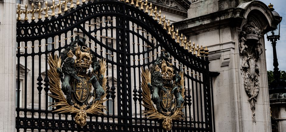 A detailed view of an ornate iron gate with decorative crests.